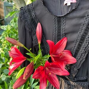 PATIERRA Black Silk Dress Bishop Sleeves Mock Neck Ruffles Lace Witchy Goth 90's